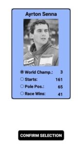 Ayrton Senna card in the Formula One Top Trumps 