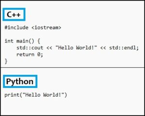 A comparison between Hello World in Python and in C++. Python is easy to learn.